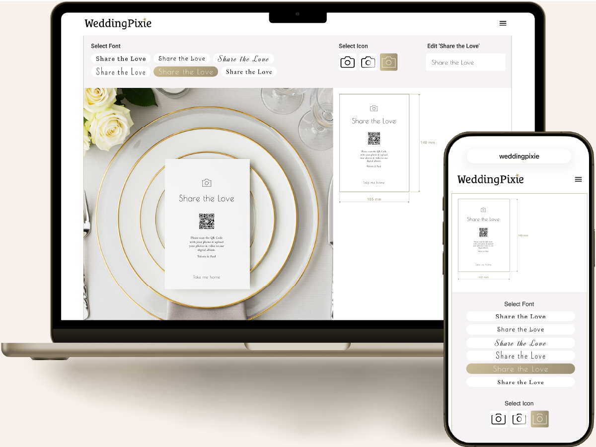 Screen shot of the laptop and mobile versions of the WeddingPixie wedding signage design tool select a font and icon style 