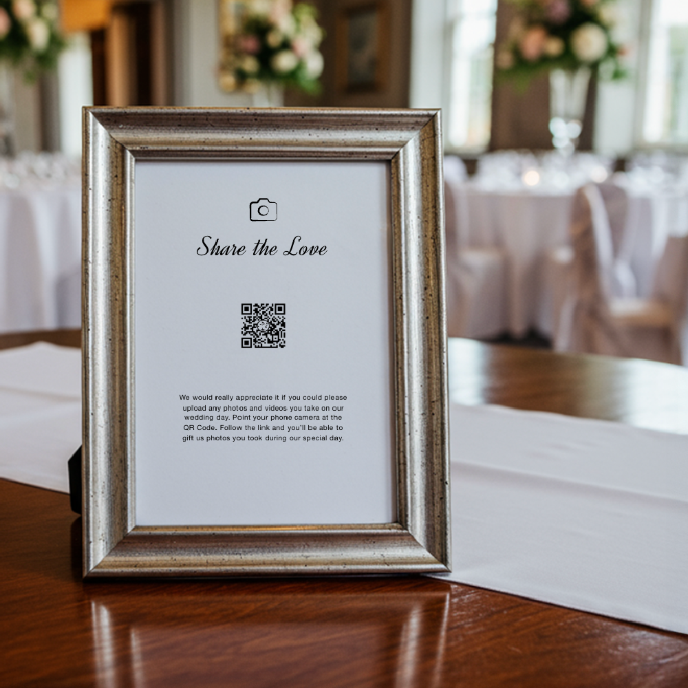 Wedding QR code signage example with a simple black and white design